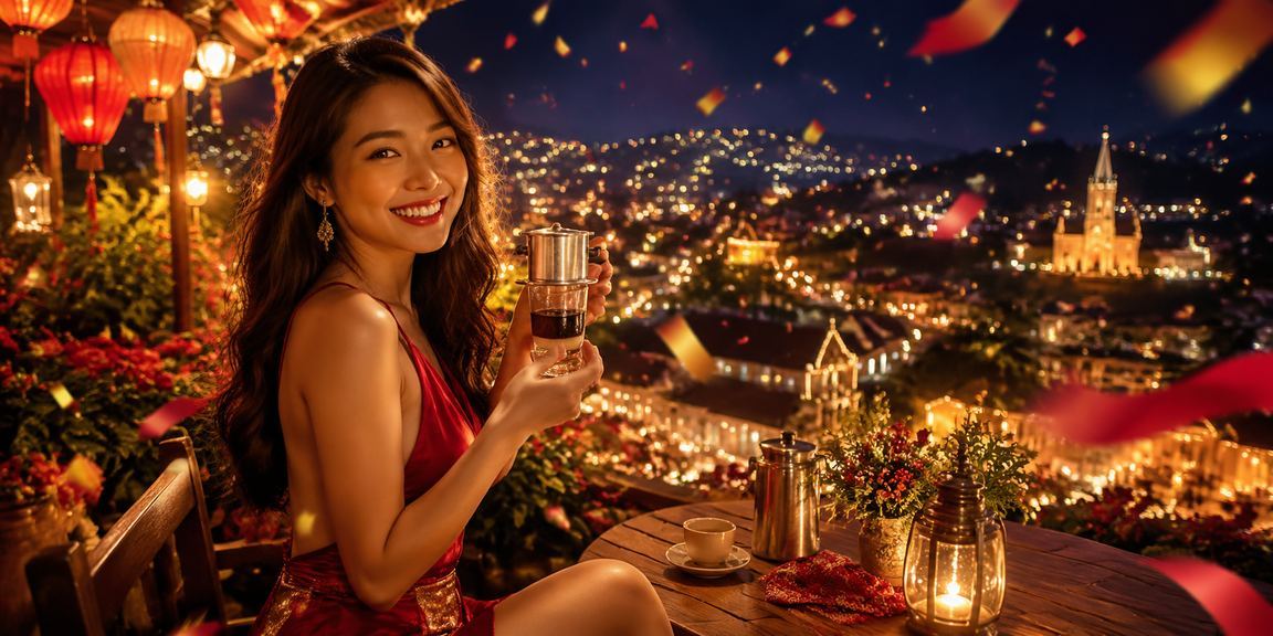 Người dùng xem thông tin khuyến mãi cá cược tại quán cà phê ở Đà Lạt với khung cảnh buổi sáng yên tĩnh